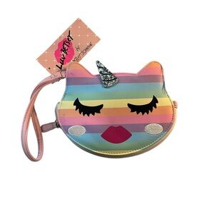 NWT’s Luv Betsey striped Rainbow Unicorn Cat Wristlet - Pink Multicolor